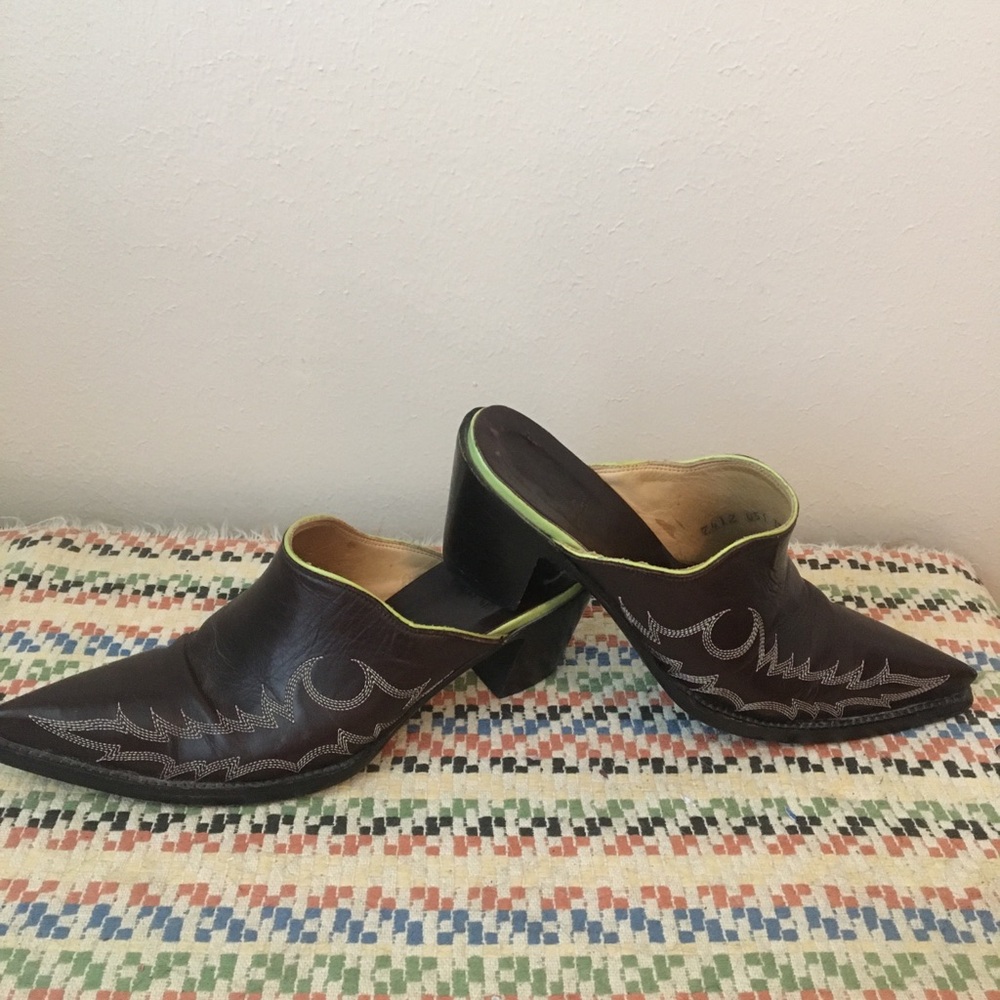 Old Gringo Brown Leather Pointed Mule Heels with Lime Accent 7B